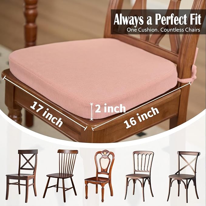 2'' Thick High-Density Foam Indoor Chair Cushions | Dining Chair Pads with Ties, Removable Washable Cover, Kitchen Chair Cushions 17"x16", Pink 2 Pack
