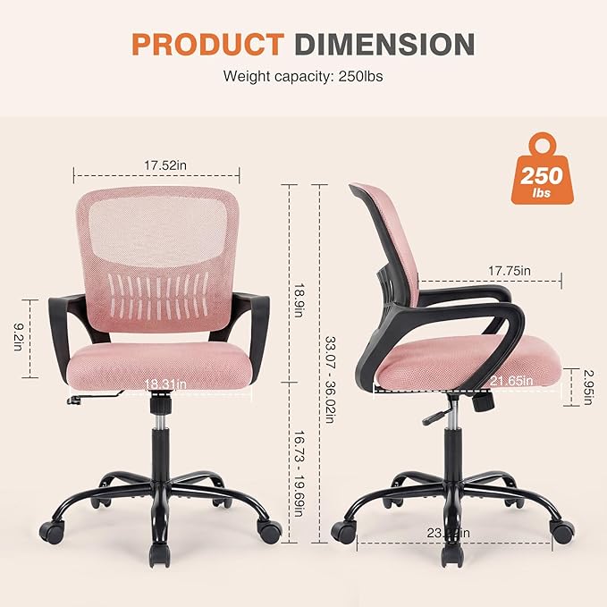 Sweetcrispy Home Office Managerial Executive Chair, Ergonomic Mesh Adjustable Swivel Mid-Back Computer Desk Chair with Comfortable Lumbar Support, Comfy Arms for Bedroom,Study, Blak&Pink