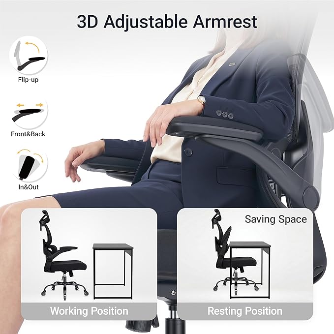 Office Chair Ergonomic Chair with Flip up Armrests, Adjustable Lumbar Support Computer Chair with Breathable Mesh Back Home Office Computer Chairs for Long Hours Mesh Office Chair