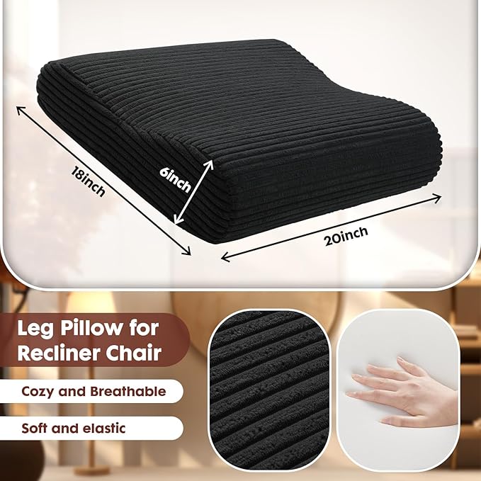 B Shape Corduroy Recliner Foot Pillow, Foam Extra Large Foot Rest Cushion with Adjustable Straps, Suitable for Bed Chair Sofa Headrest Back Lumbar Leg Support Pillow (Black)