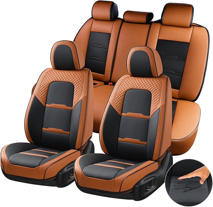 Coverado Car Seat Covers Full Set, 5 Piece Car Seat Protector with Removable Headrest, Nappa Leather Breathable Front Rear Seat Cushion Side All Wrapped Universal Fit Truck Automotive Most Cars Brown