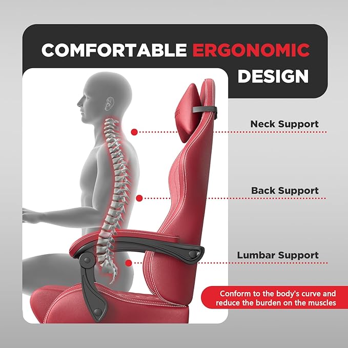 Ferghana Vintage PU Leather Gaming Chair, Ergonomic Gamer Chair with Massage, High Back Computer Office Chair with Footrest for Adults, Racing Style Reclining Video Game Chair (Red)