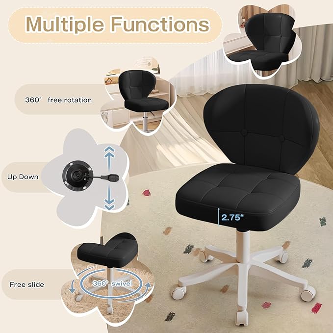 Vanity Chair with Back – Small Armless Office Chair with Wheels, Lumbar Support, PU Leather, Adjustable Height, 360° Swivel for Home, Bedroom, Office Black Set of 1