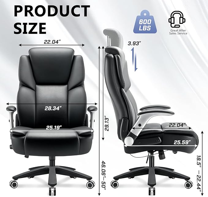 600lbs Big and Tall Office Chair for Heavy People,Heavy Duty Comfy Executive Office Desk Chair with Adjustable Lumbar Support,High Back Reclining PU Leather Computer Chair,Metal Base (Classic, Black1)