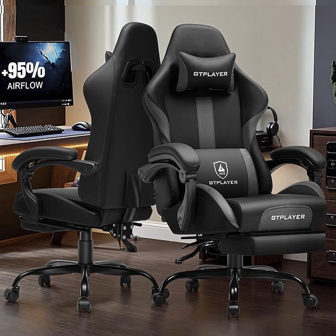 GTPLAYER Gaming Chair with Foot Rest & Pocket Spring Cushion, Ergonomic High Back Computer Chair with Headrest & 360°-Swivel Seat for Home Office Desk, PU Leather, Gray