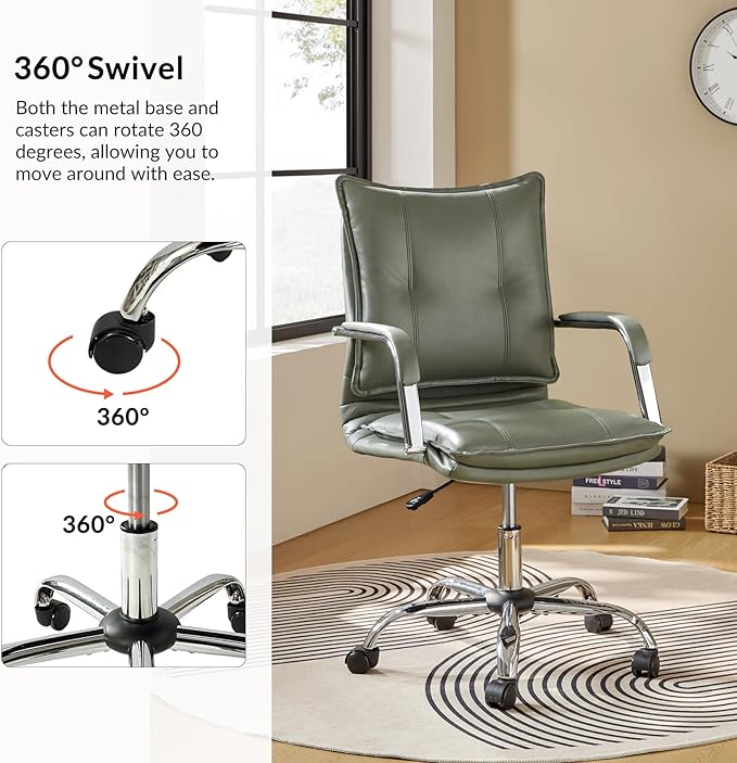 HULALA HOME Faux Leather Home Office Desk Chair, Adjustable Swivel Computer Chair with Sliver Legs and Arms, Comfy Upholstered Task Chair(Sage)