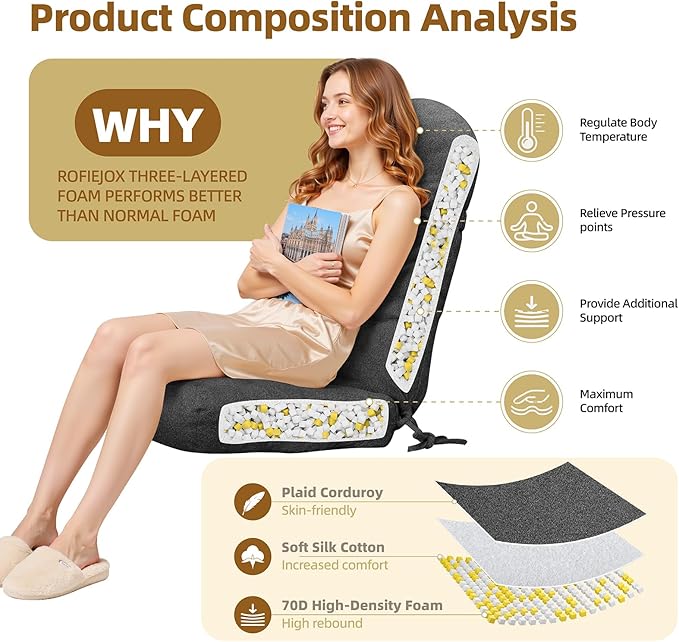 Rocking Chair Cushion - Lola Cotton-Linen Fabric, High-Density Sponge, Durable Comfort Non-Slip Bottom Tufted Seat Pads with Ties, Lola︱Charcoal Gray, 44x19x4 inch