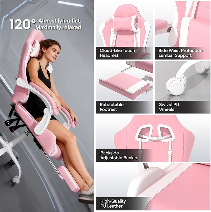 Athena Collection Gaming Chair, Ergonomic Gaming Chair with Footrest & Headrest Lumbar Support, Height Adjustable Swivel Computer Chair Office Chair for Kids Adults(Pink)