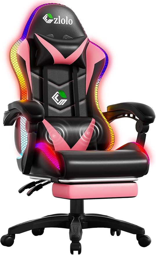 Czlolo Gaming Chair, Racing Style RGB LED Lights Gaming Chairs for Adults and Kids, Lumbar Massager Gamer Chair, High Back Reclining Computer Chair with Footrest and Headrest (Black/Pink)