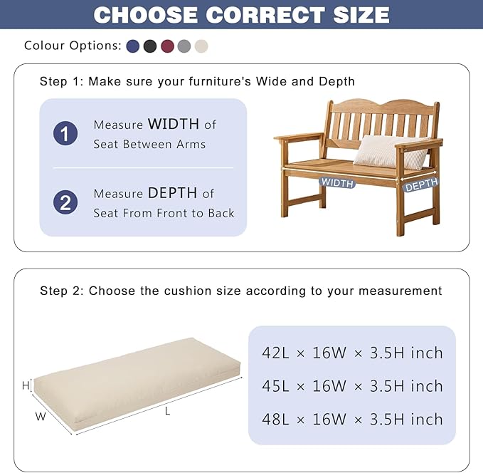 baibu 45Inch Outdoor Bench Cushion Waterproof, Bench Cushions for Outdoor Furniture, Dual-Layer Memory Foam atio Furniture Cushions, Porch Swing Seat Pad with Washable Cover & Ties, 45x16x3, Beige