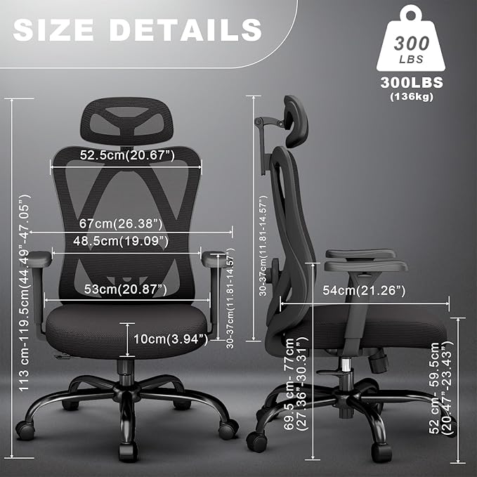Ergonomic Office Chair with Adjustable Lumbar Support, High Back Mesh Computer Desk Chairs with 3D Headrest and Armrest, Rocking Function, for Home, Office, Black
