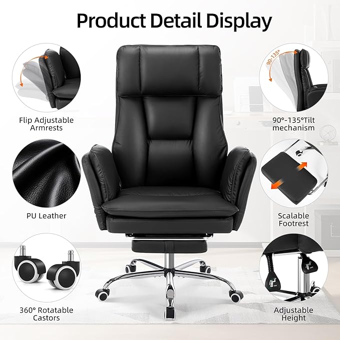 TonghuaS Criss Cross Office Desk Chair with Foot Rest and Flip Armrests for Pets Friendly & Extra Space, Comfortable Ergonomic Reclining Gaming Computer Chair with Lumbar Pillow(Faux Leather Black)