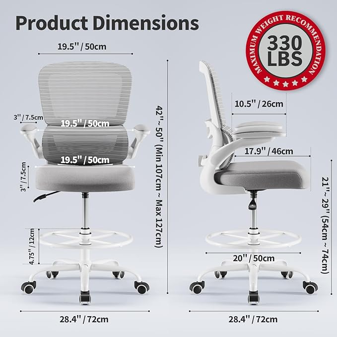 TRALT Drafting Chair - Tall Office Chair with Adjustable Footrest Ring and Lumbar Support Ergonomic Tall Desk Chair - Mesh Stangding Desk Chair with Flip-Up Armrests for Home and Work (Grey)