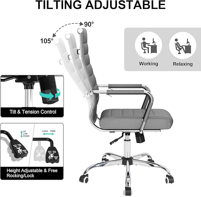 Okeysen Office Desk Chair, Ergonomic Leather Modern Conference Room Chairs, Executive Ribbed Height Adjustable Swivel Rolling Chair for Home Office