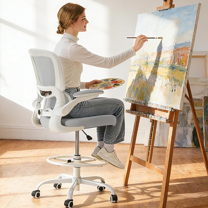 TRALT Drafting Chair - Tall Office Chair with Adjustable Footrest Ring and Lumbar Support Ergonomic Tall Desk Chair - Mesh Stangding Desk Chair with Flip-Up Armrests for Home and Work (Grey)
