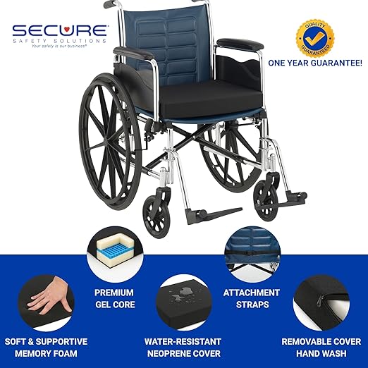 Secure Safety Solutions Wheelchair Gel Cushion with Safety Attachment Strap, 18x16x3 Inch - Gel & Foam Orthopedic Chair Pad - Decubitus Ulcer & Sciatica Pain Pressure Relief & Comfort for Seniors