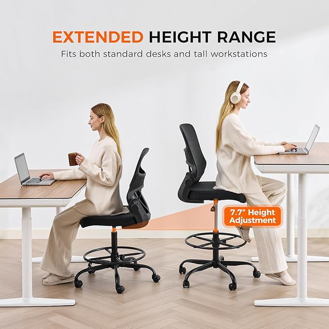 Drafting Chair Armless, Tall Office Chair with Adjustable Foot Ring and Lumbar Support, Ergonomic Mesh High Desk Chair for Standing Desk, Black