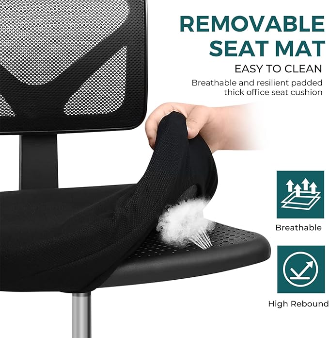 DUMOS Armless Office Chairs with Wheels, Ergonomic Adjustable Home Desk Swivel Rolling Task Chair No Arms, Comfy Mesh Mid Back Computer Work Vanity Desk Chairs for Small Spaces, New Black