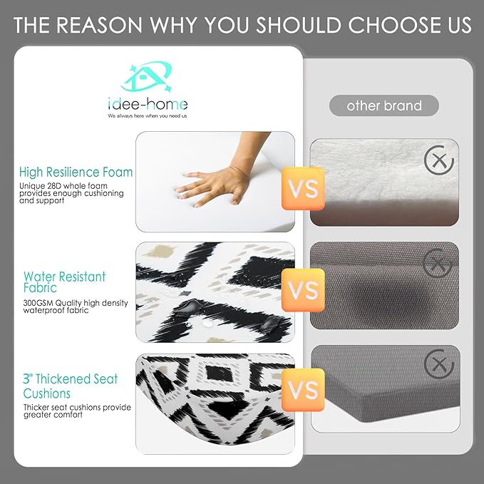 idee-home Outdoor Chair Cushions Set of 4, 17" x 17" x 3" Thick D-Shaped Patio Furniture Outdoor Seat Cushions Waterproof with Ties, Dining Pads