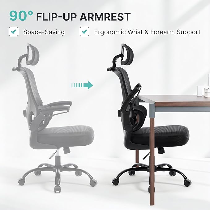 2PCS Ergonomic Office Chair Mesh Back Chairs - High Back Computer Chair with 3D Adjustable Headrest & Flip-up Arms, Set of 2 Comfort Desk Chair Lumbar Support for Home & Gaming