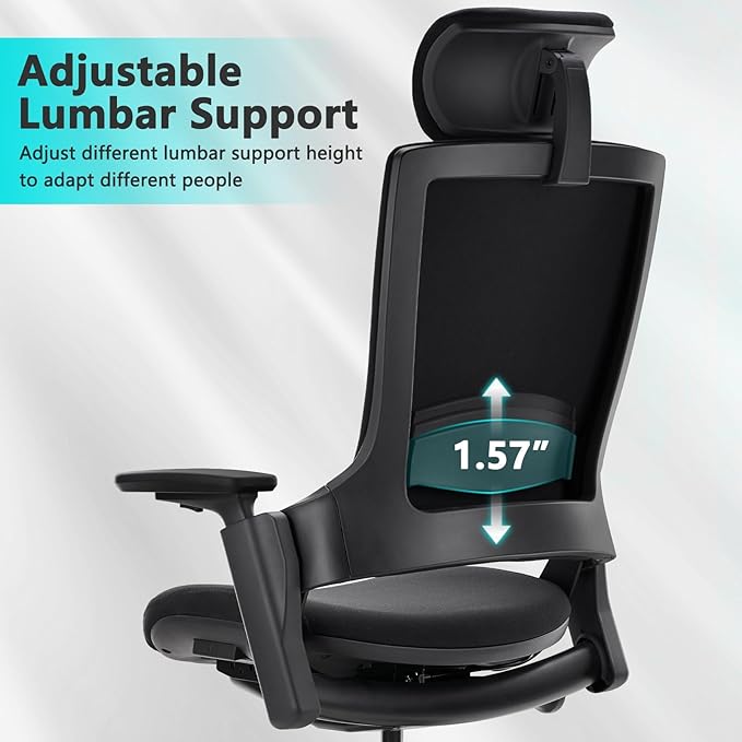 CLATINA Ergonomic High Swivel Executive Chair with Adjustable Height Head 3D Arm Rest Lumbar Support and Upholstered Back for Home Office Studio, Black Fabric, 2 Pack