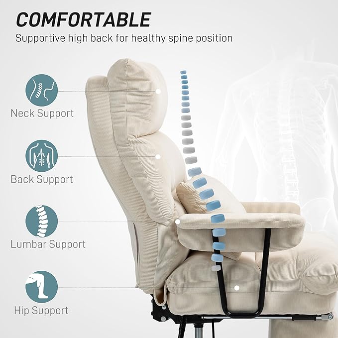 HOMCOM Large Overstuffed Office Chair with Lumbar Support, High Back Reclining Executive Corduroy Computer Desk Chair with Footrest, Swivel Wheels, Cream White