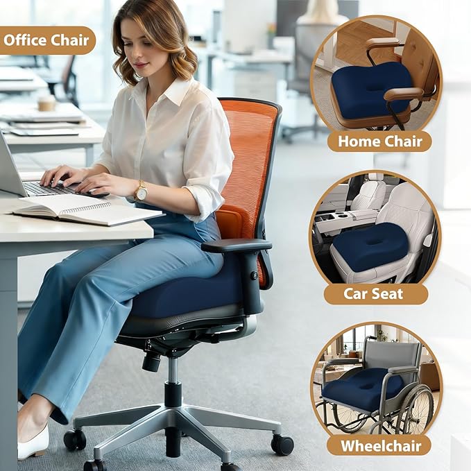 Seat Cushion for Pressure Relief - Ergonomic Home & Office Chair Cushions for Tailbone, Hip, Sciatica Support, Memory Foam Chair Pad for Long Sitting, Driving (Blue)