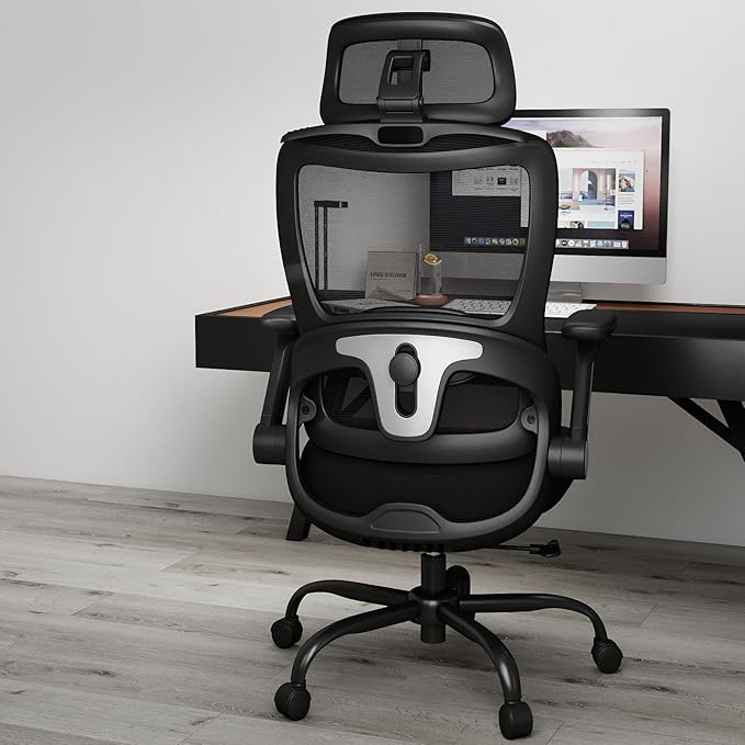 Ergonomic Office Chair, Home Computer Chair with 3D Adjustable Headrest and 4D Flip-Up Armrests, Adjustable Lumbar Support, Suitable for Office and Study, Black