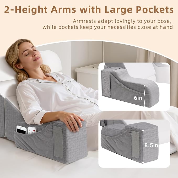 5PCS Reading Pillow for Sitting in Bed Adult, 2 in 1 Foldable Back Wedge Pillow for Sleep, Ergonomic Back Support Pillow with Arms for Watching TV, Gaming, Working, Recovery, 19” White/Grey