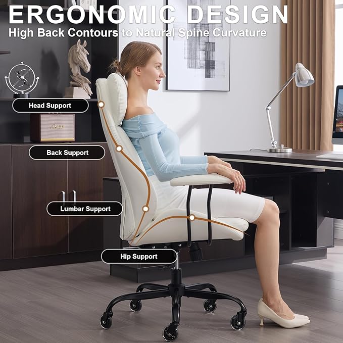E-Motie Office Chair, Leather Desk Chair with Rubber Wheels, Ergonomic Computer Chair 500 LBS with Lumbar Support, High Back Executive Chair for Modern Home Office, White