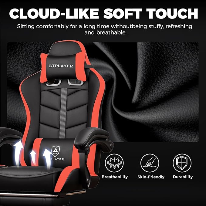 GTPLAYER Gaming Chair, Ergonomic Game Computer Chairs with Foot Rest for Adults, Adjustable PC Game Chair with Reclining Function and Comfortable Headrest for Home and Office Use (RED)