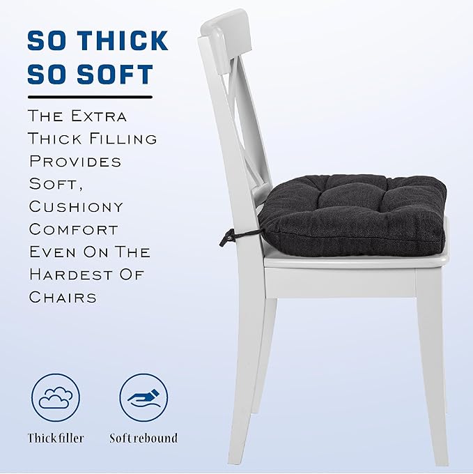 SQUARE MOON D-Shaped 3" Thick Chair Cushions, Chair Pads for Dining Chairs and Kitchen Chairs, Indoor Dining Room Seat Cushions with Ties, Machine Washable, 17" x 16" x 3", 4/Pack, Black