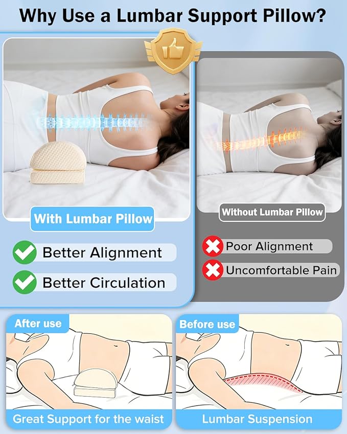 Lumbar Support Pillow for Bed for Back Pain Relief, Adjustable Lower Back Pillow for Sleeping, Memory Foam Back Support Pillow for Side & Back Sleepers, Washable Cover