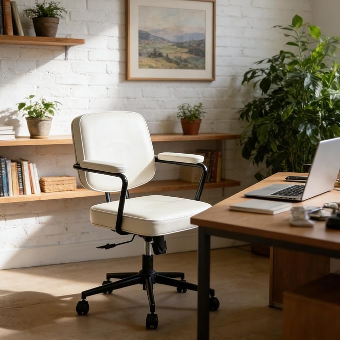 Office Desk Chair, Ergonomic Desk Chair with Padded Cushion & Backrest, Adjustable Height & 360° Swivel, Armrest Task Chair for Home Office, Computer Desk & Vanity, Beige