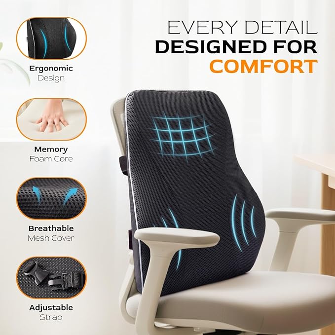 TULARIS Extra Dense Lumbar Support Pillow with Double Adjustable Straps - Ergonomic Memory Foam Cushion for Office Chair, Car, Couch - Firm Back Support for Lower Back & Spine Pain Relief