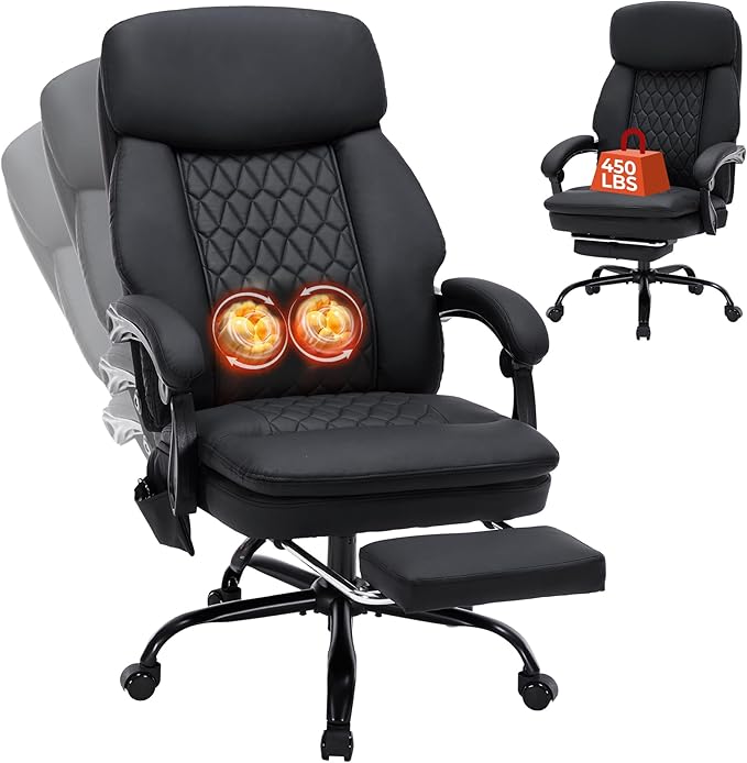 16 Nodes Kneading Massage Office Chair with Foot Rest,450lbs Shiatsu Massage Reclining Office Chairs,Home Office Desk Chair for Heavy People,Ergonomic Desk Chairs with Extra Cushion Pillow(Black)