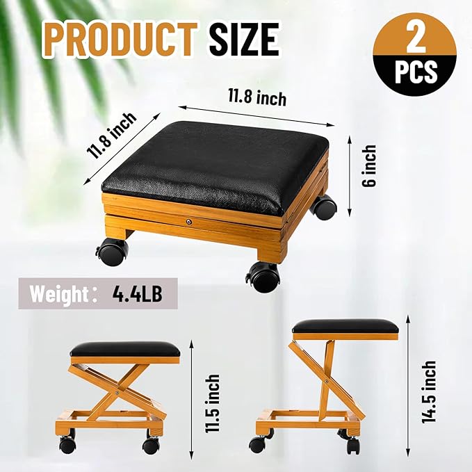 CroBlissful 2 Pack Rolling Adjustable Foot Rest Foldable Under Desk Ottoman with Wheels Leather Foldaway Guitar Foot Stool for Home Office Living Room Bedroom