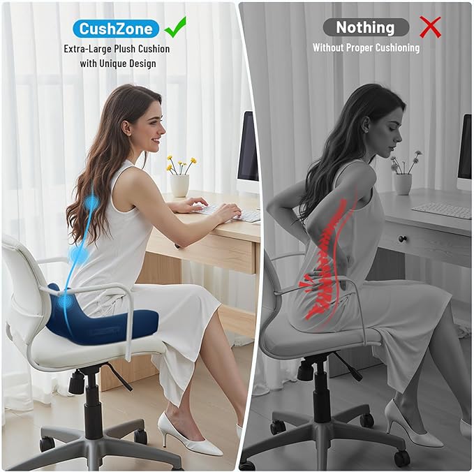 CushZone Memory Foam Seat Cushion for Office Chair, Ergonomic Coccyx Cushion for Desk Chair, Tailbone Support Pillow for Long Sitting, Non-Slip Seat Pad for Home, Gaming Chair -Navy Blue, X-Large