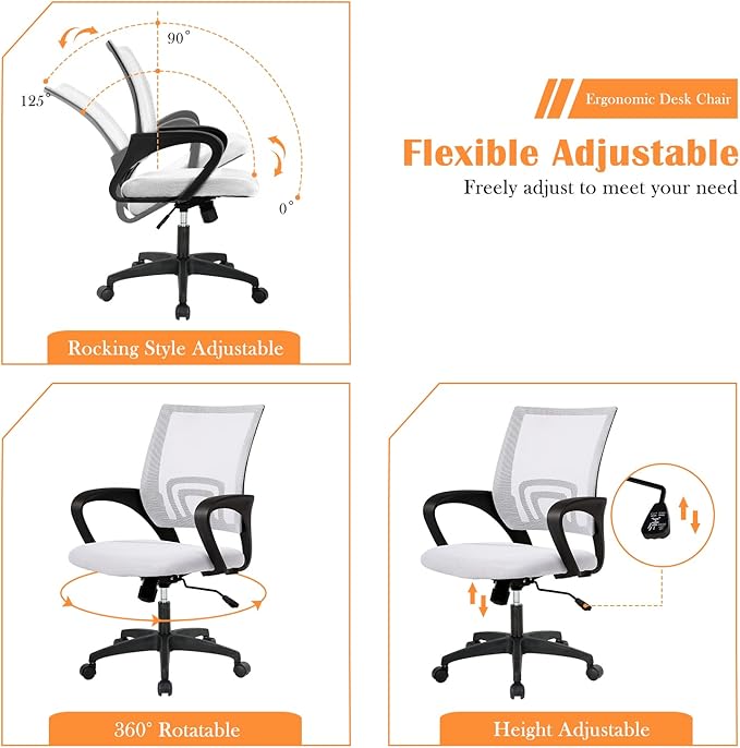Office Chair, Ergonomic Desk Chair with Lumbar Support Arms, Adjustable Mid Back Executive Task Chairs Computer Chair Home Office Desk Chairs for Student, Women, (White)