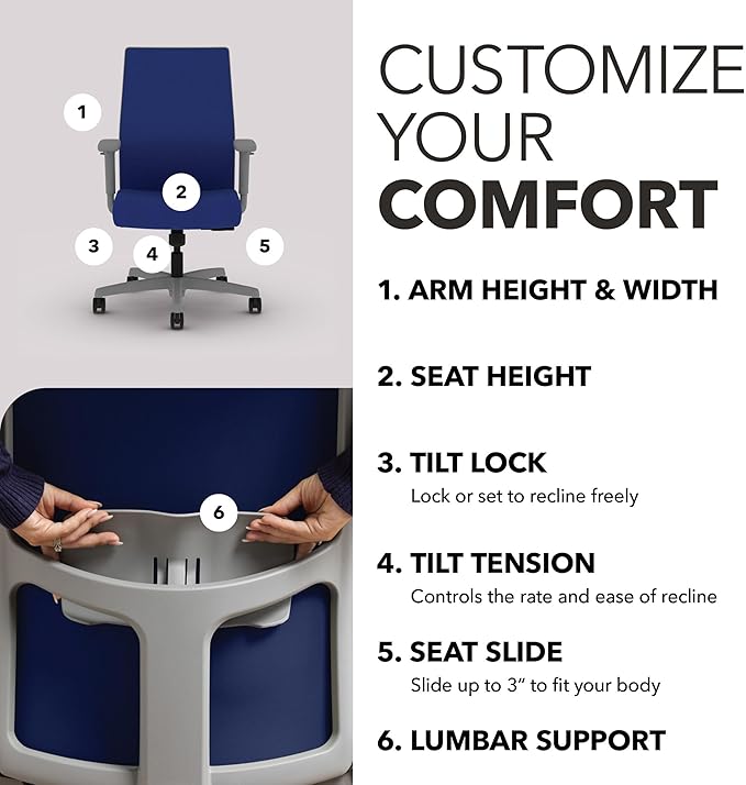 HON Ignition 2.0 Mid Back Task Chair, Spectrum Mesh, Standard Synchro-Tilt Control, Office Chair with Lumbar Support, Height and Width Adjustable Arms, Titanium Frame, Cobalt