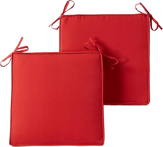 Outdoor 18 inch Square Patio Dining Chair Pads – Comfortable Fiber-Filled Seat Cushions with Ties, Reversible Polyester Fabric - Salsa Red, Set of 2