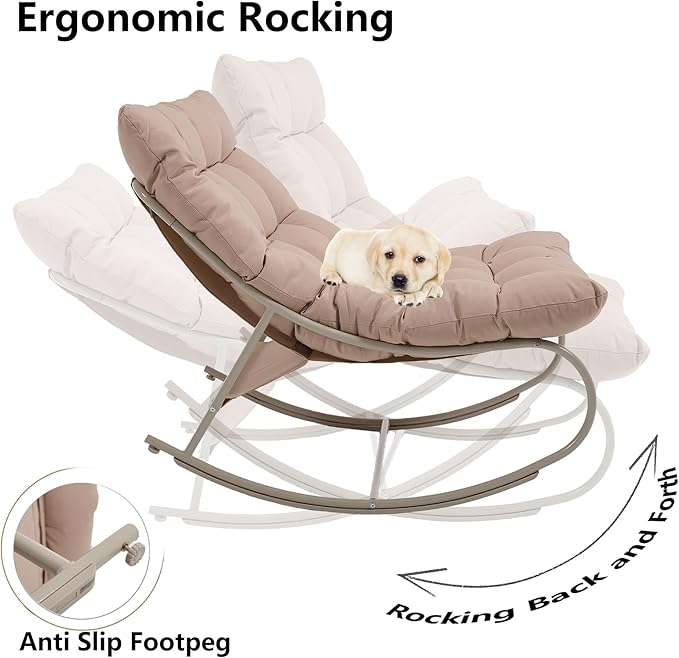 Outdoor Rocking Chairs Set of 2, Modern Papasan Rocking Chairs with Cushions, Upholstered Patio Rocking Chairs with Foot Rest, Cozy Metal Outdoor Lounge Rockers Recliner for Indoor, Khaki