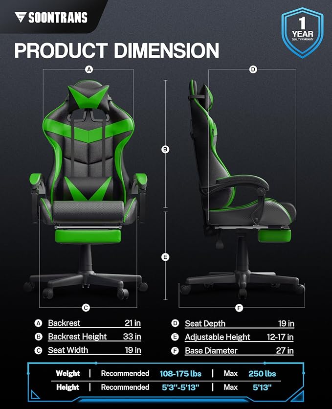 Soontrans Green Gaming Chair with Footrest,Racing Gaming Chair,Computer Gamer Chair,Ergonomic Game Chair with Adjustable Headrest and Lumbar Support(Jungle Green)