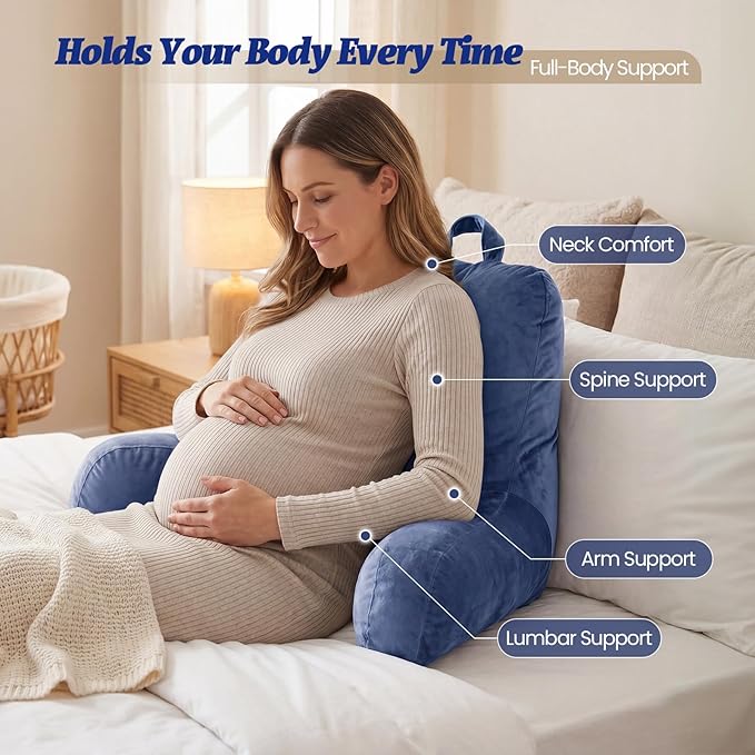 ACH Reading Pillow with Arms for Adults - Adjustable Memory Foam Bed Rest Pillow, Lumbar & Neck Back Support, Soft Velvet Cover Machine Washable, Deep Side Pocket & Carry Handle, Blue