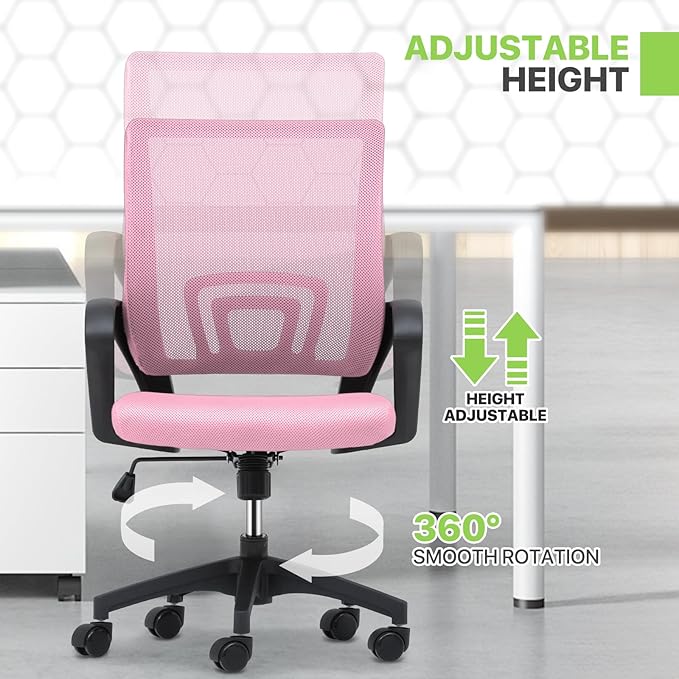 Magshion Ergonomic Office Chair 20 Pack, Mid-Back Mesh Desk Chair, Adjustable Swivel Computer Chair with Lumbar Support & Breathable Backrest for Gaming, Work, Study, 300 Lbs Capacity, Pink