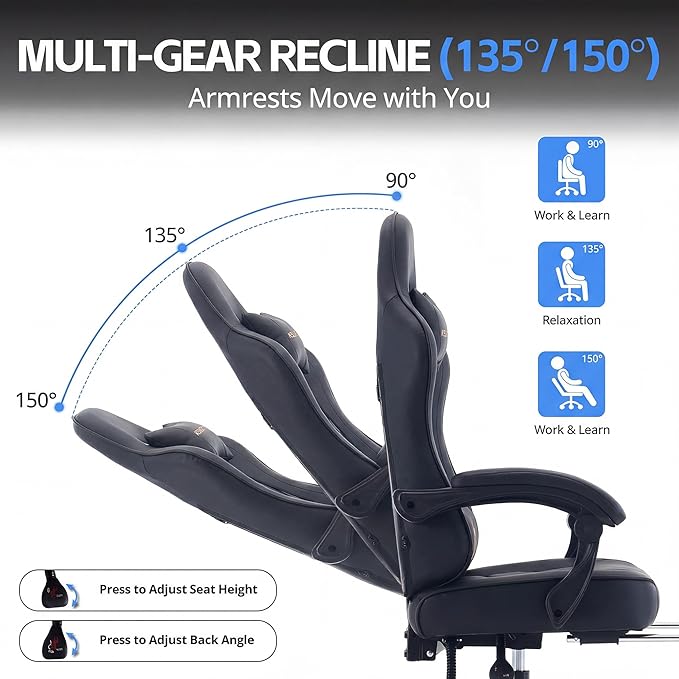 Desk Computer Gaming Chair - High Back Ergonomic Office Chair with Footrest and Lumbar Support, Swivel Comfy Home Gamer Video Game Chairs with Pocket Spring Cushion for Adults (Black Leather)