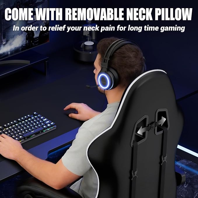 Czlolo Gaming Chair with Footrest Racing Style Lumbar Support Massager Video Game Chair with Metal Legs, High Back Reclining Gamer Chair with Headrest, 360° Swivel Office Computer Desk Chair (White)