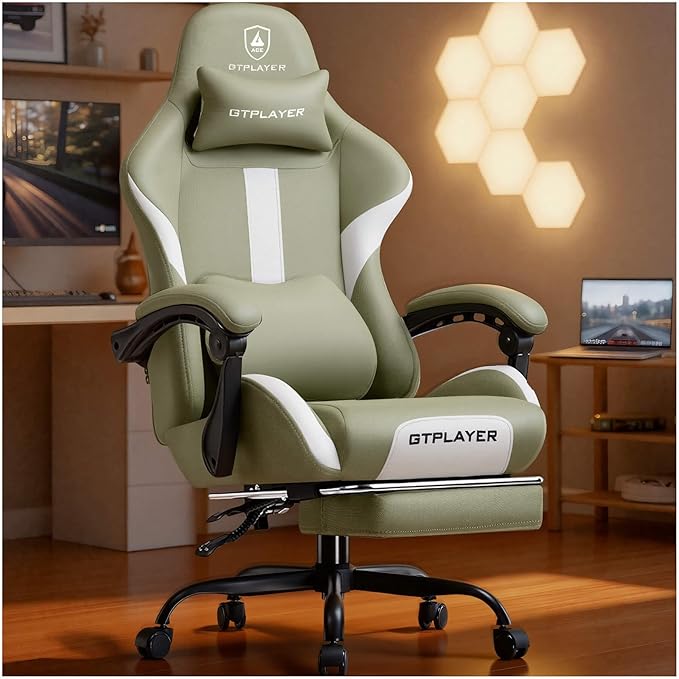 GTPLAYER Gaming Chair with Foot Rest & Pocket Spring Cushion, Ergonomic High Back Computer Desk Chair with Headrest & Lumbar Support for Back Pain Relief, Breathable Fabric, Green