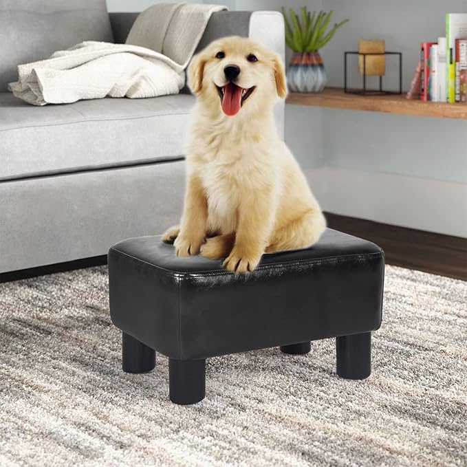 Joveco Small Footstool Ottoman Footrest Modern Rectangular Footstools for Living Room Bedroom (Black PU Leather)
