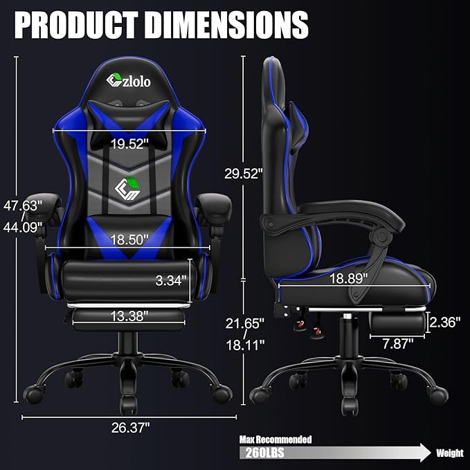 Czlolo Gaming Chair with Footrest Racing Style Lumbar Support Massager Video Game Chair with Metal Legs, High Back Reclining Gamer Chair with Headrest, 360° Swivel Office Computer Desk Chair (Blue)